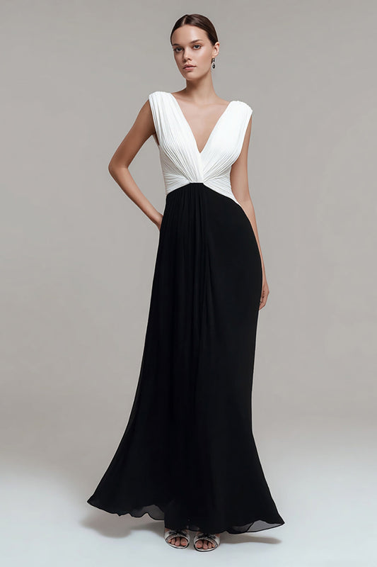 Black and White Chiffon V Neck Long Ruched Formal Dress