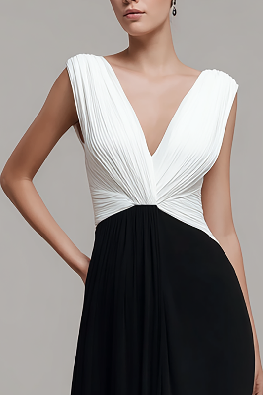 Black and White Chiffon V Neck Long Ruched Formal Dress