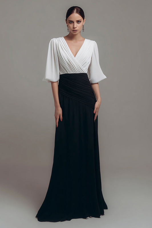 Black and White Chiffon V-Neck Long Formal Dress with Sleeves