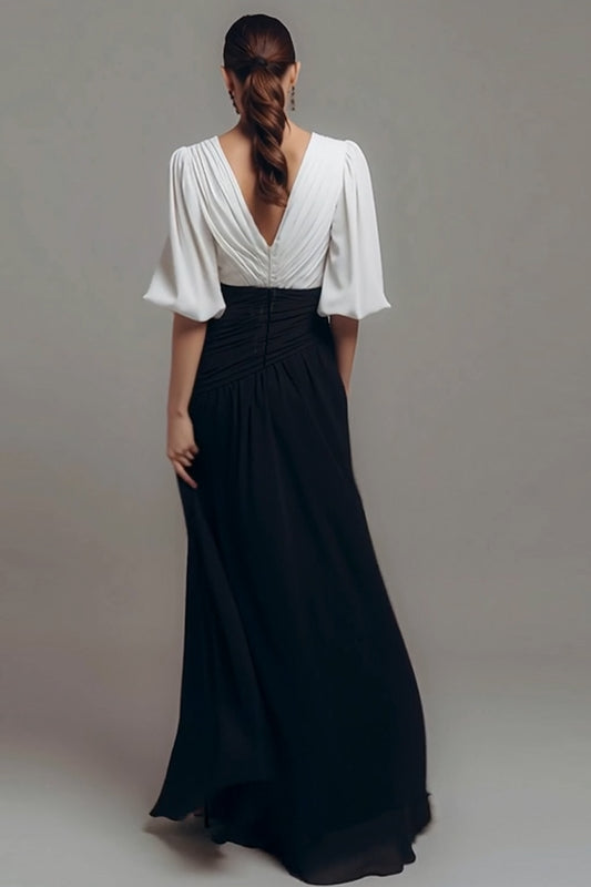 Black and White Chiffon V-Neck Long Formal Dress with Sleeves