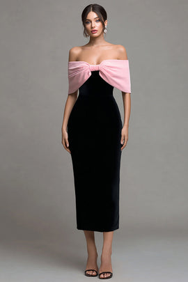 Black and Pink Velvet Off the Shoulder Maxi Holiday Party Dress with Bow