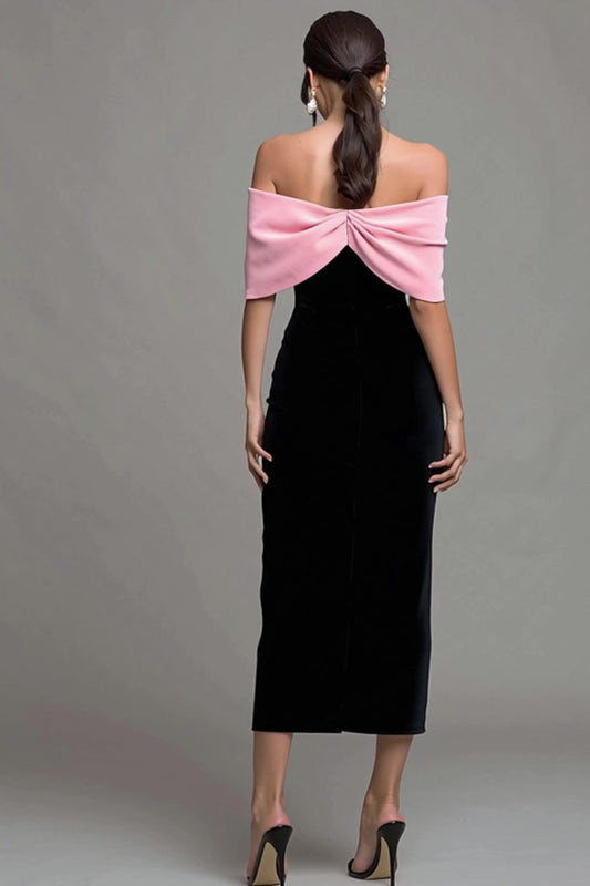 Black and Pink Velvet Off the Shoulder Maxi Holiday Party Dress with Bow