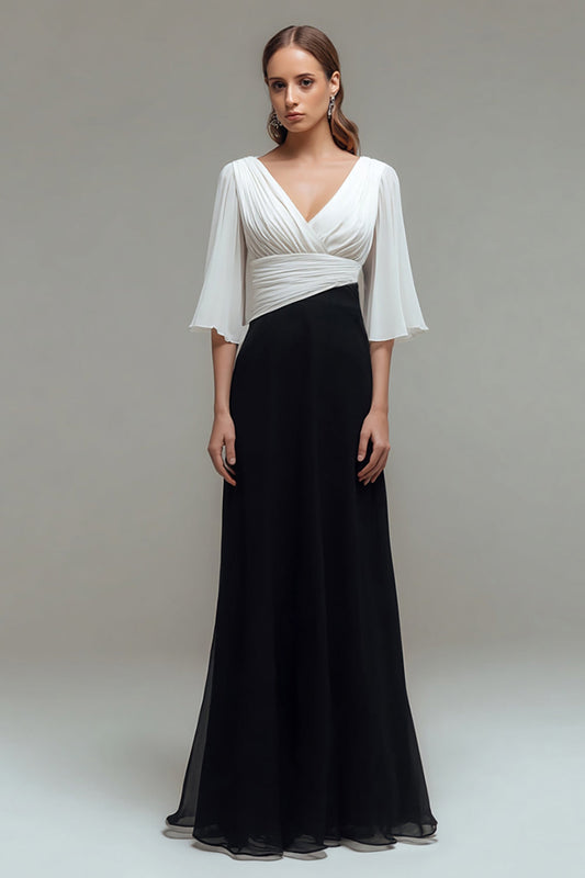 Black and White Chiffon Maxi V-Neck Formal Dress with Sleeves