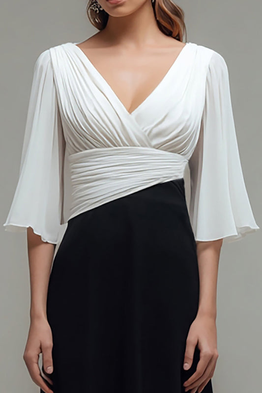 Black and White Chiffon Maxi V-Neck Formal Dress with Sleeves
