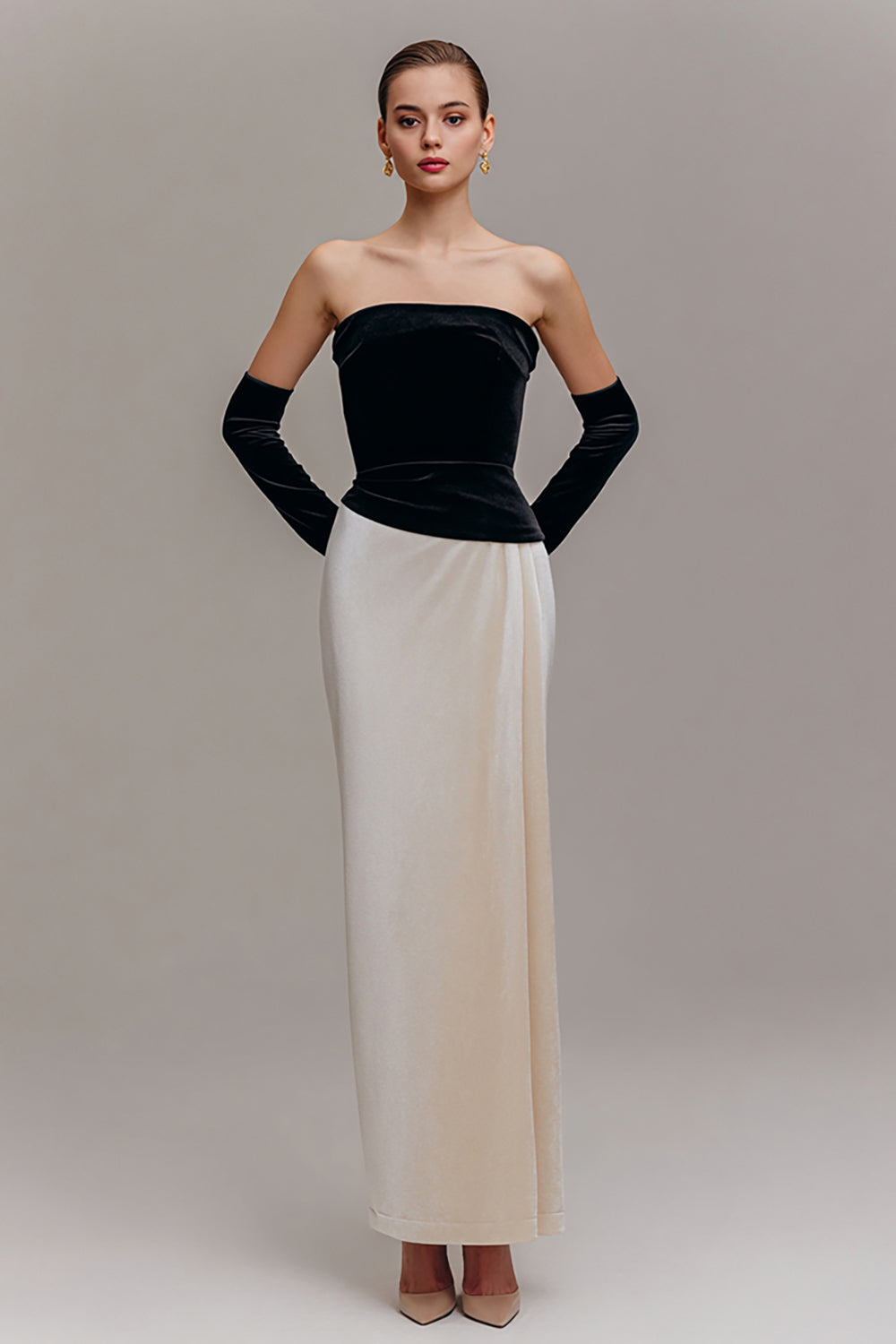 Zapakasa Women Black and Champagne Velvet Long Holiday Party Dress