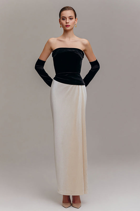 Black and Champagne Velvet Sheath Long Strapless Holiday Party Dress