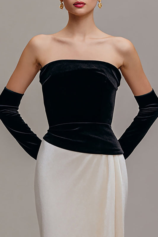 Black and Champagne Velvet Sheath Long Strapless Holiday Party Dress