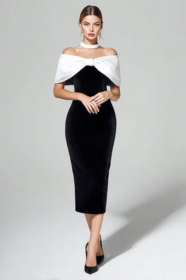Black and White Velvet Off the Shoulder Maxi Holiday Party Dress with Bow