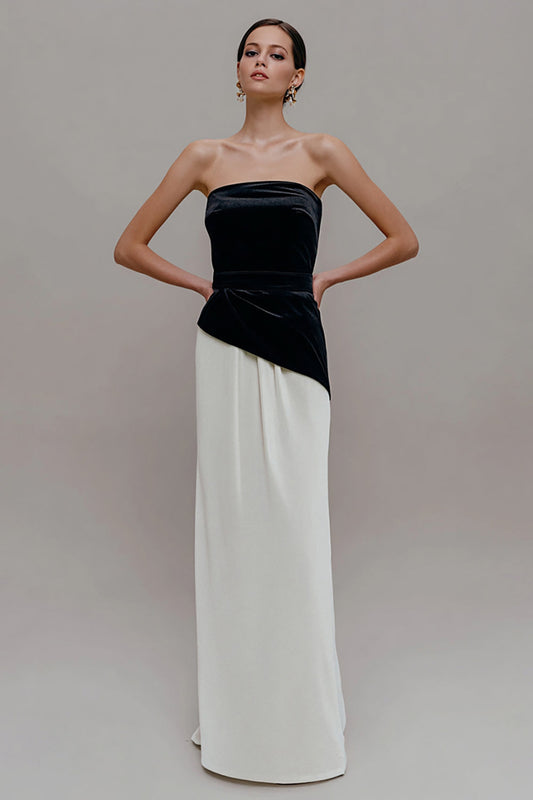 Black and White Velvet Patchwork Sheath Long Holiday Party Dress