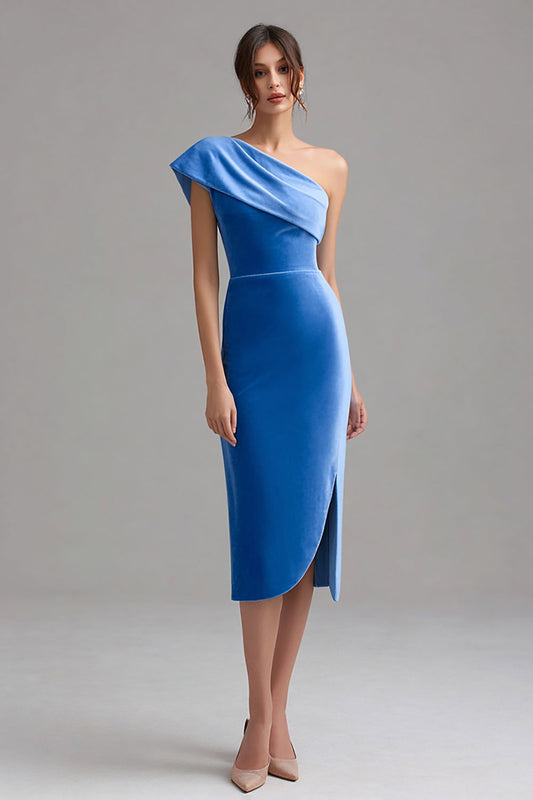Blue Velvet Bodycon One Shoulder Midi Holiday Party Dress with Slit