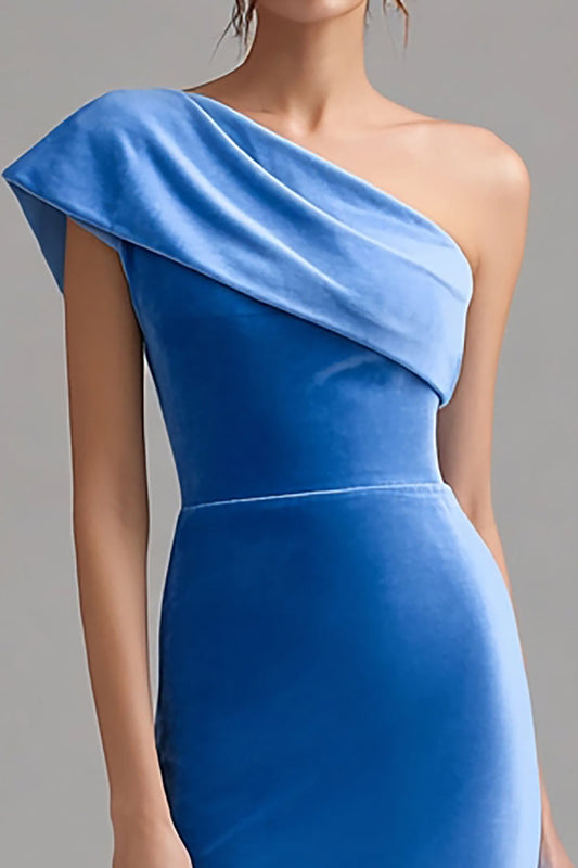 Blue Velvet Bodycon One Shoulder Midi Holiday Party Dress with Slit