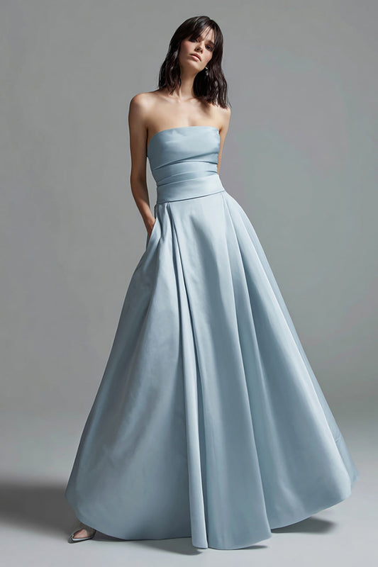 Sky Blue Satin Long Formal Dress Ruched Strapless A Line Evening Dress
