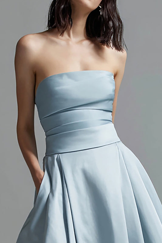Sky Blue A Line Satin Strapless Ruched Long Formal Dress