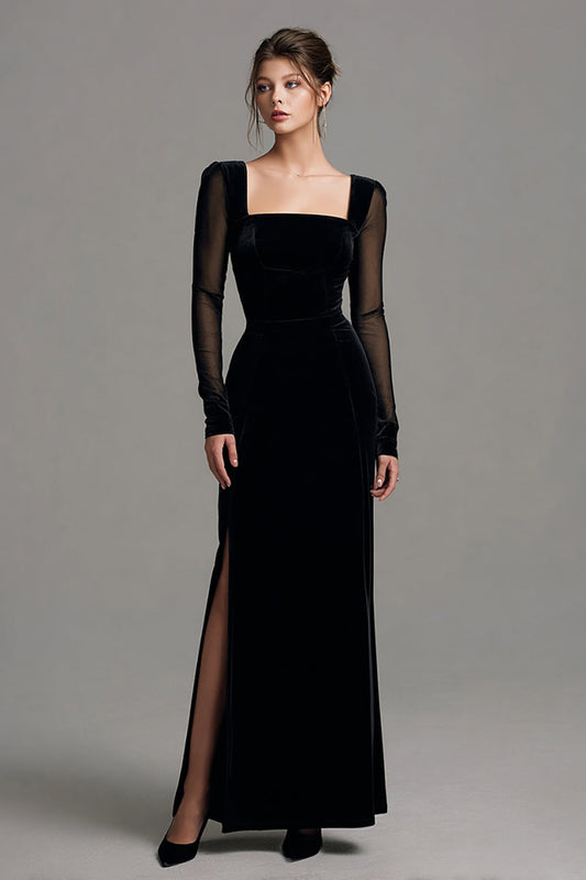 Black Sheath Velvet Square Neck Holiday Party Dress with Slit