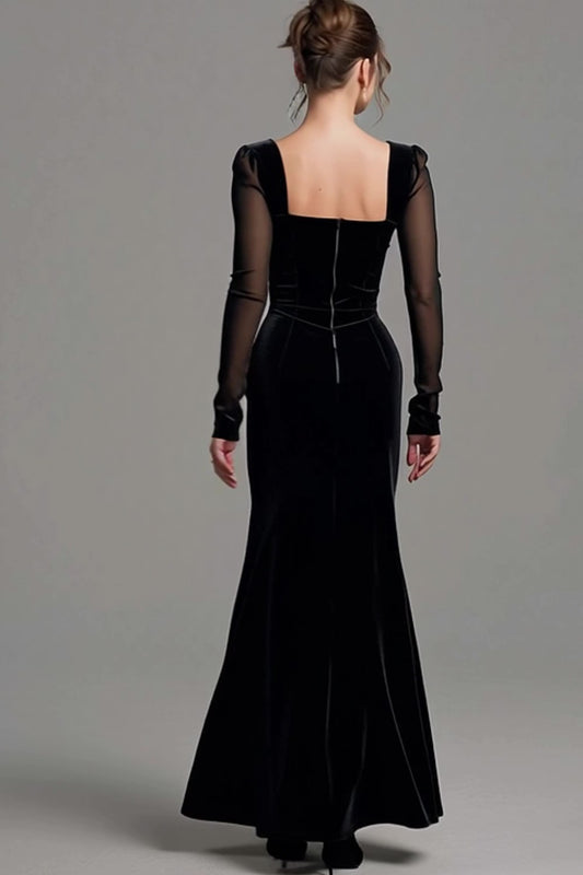 Black Sheath Velvet Square Neck Holiday Party Dress with Slit