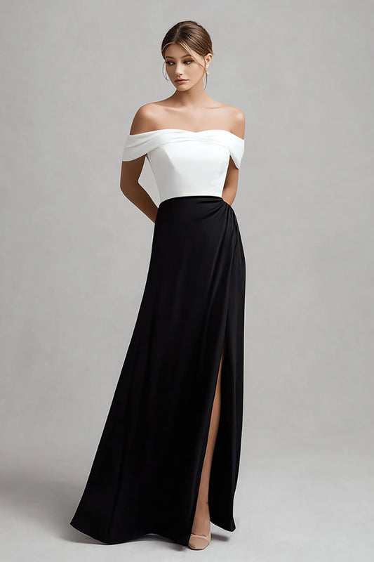 Black and White Off the Shoulder Satin Long Formal Dress with Slit