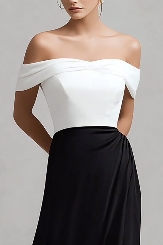 Black and White Off the Shoulder Satin Long Formal Dress with Slit