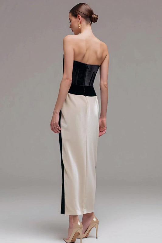 Black and Champagne Strapless Sheath Patchwork Long Holiday Party Dress