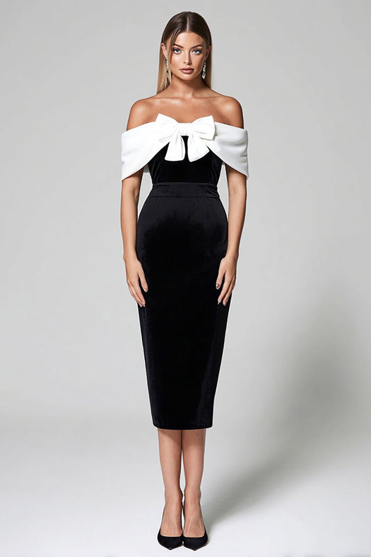 Black and White Off the Shoulder Midi Bodycon Cocktail Dress with Bow