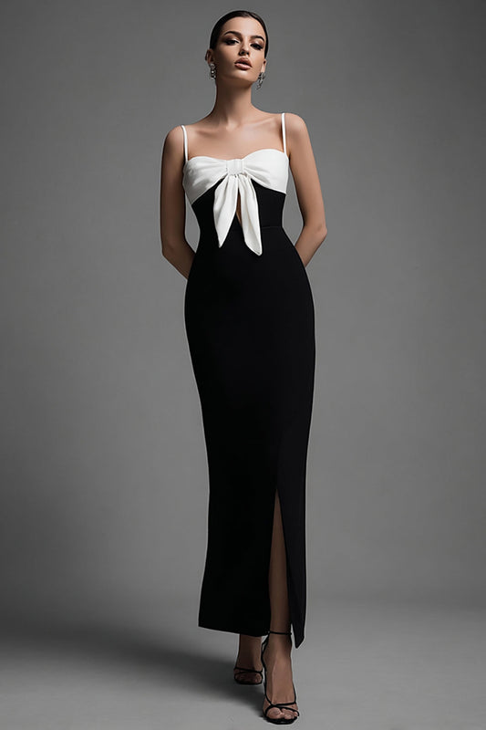Black and White Sheath Spaghetti Straps Long Bow Formal Dress with Slit