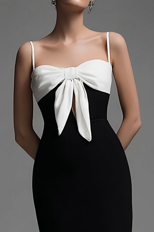 Black and White Sheath Spaghetti Straps Long Bow Formal Dress with Slit