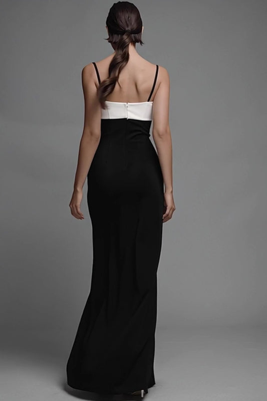 Black and White Sheath Bow Spaghetti Straps Long Formal Dress with Slit
