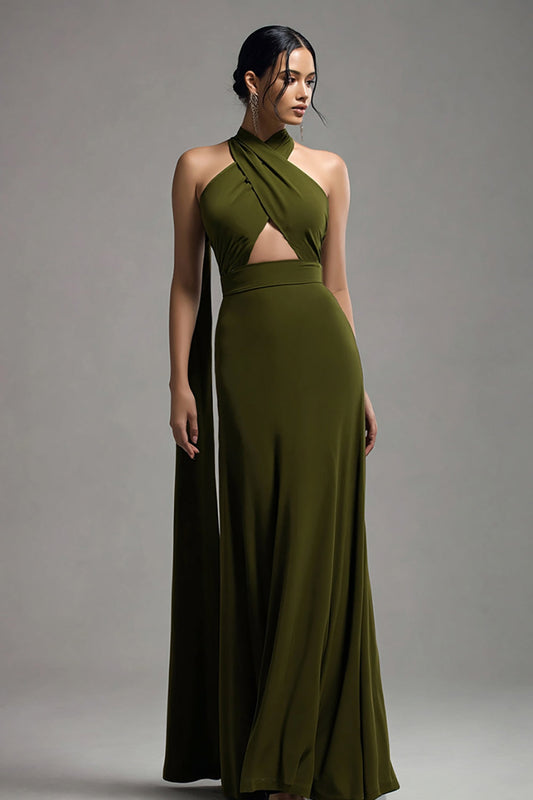 Olive Satin Keyhole Halter Long Formal Dress with Cape