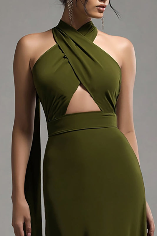 Olive Satin Keyhole Halter Long Formal Dress with Cape