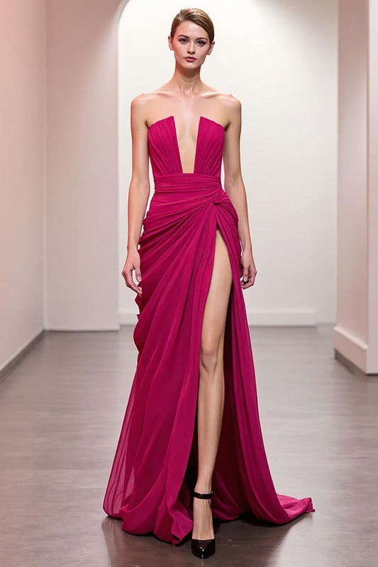 Pink Ruched Strapless Long Evening Dress with Slit