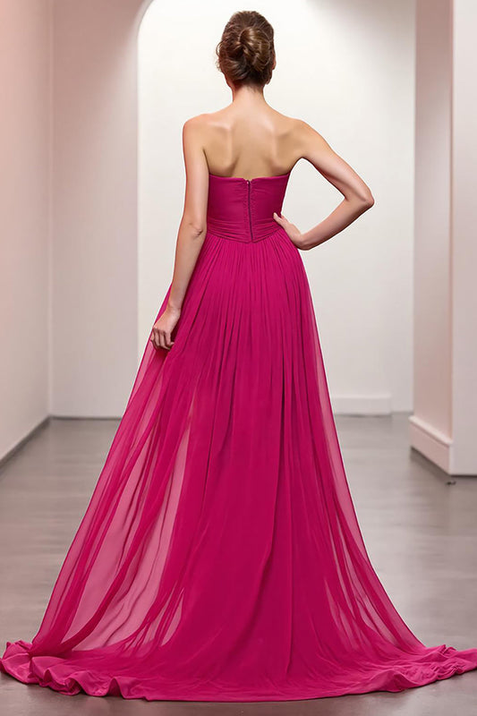 Pink Ruched Strapless Long Evening Dress with Slit