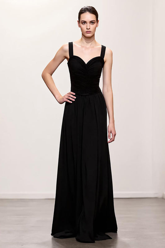Simple Black Sheath Ruched Straps Long Evening Dress