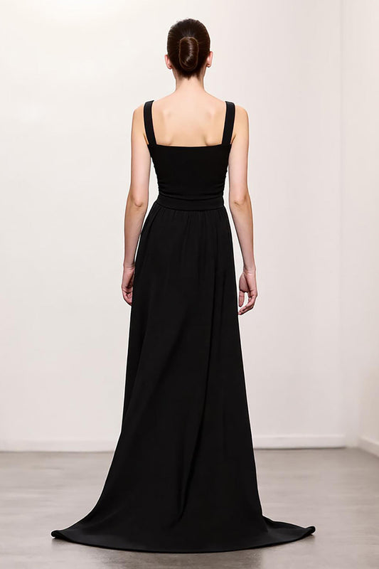 Simple Black Sheath Ruched Straps Long Evening Dress