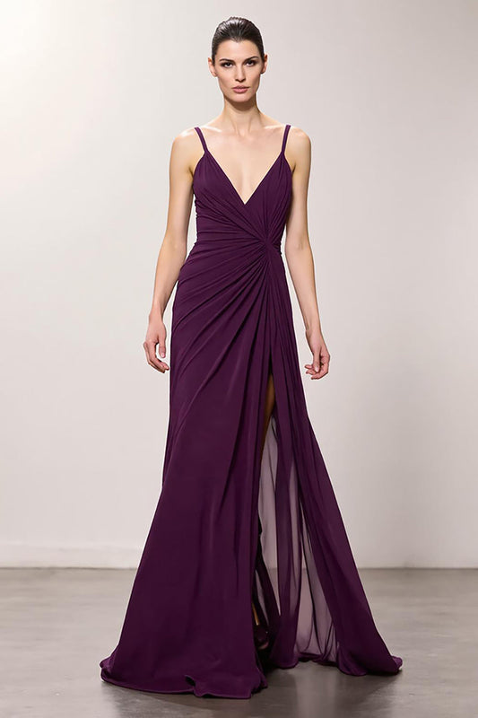 Purple Chiffon V-Neck Ruched A Line Long Evening Dress with Slit