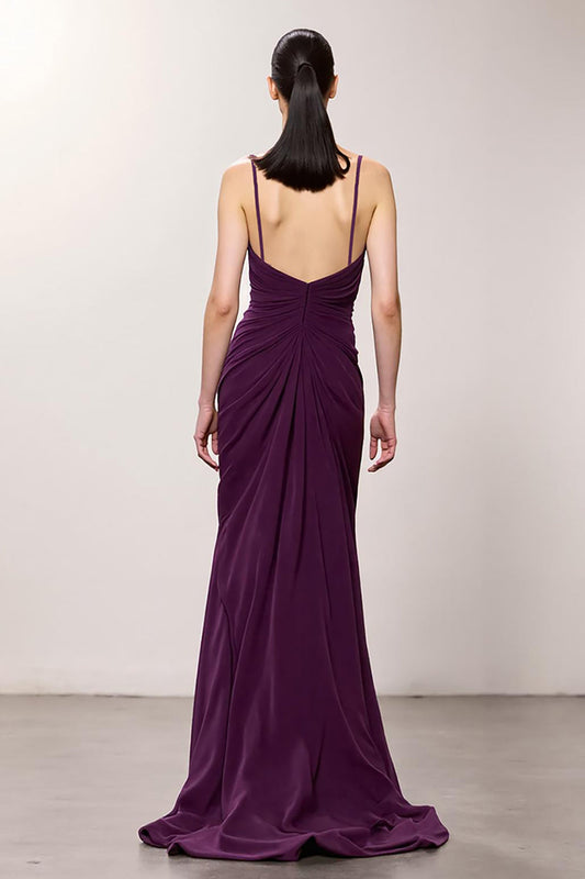 Purple Chiffon V-Neck Ruched A Line Long Evening Dress with Slit