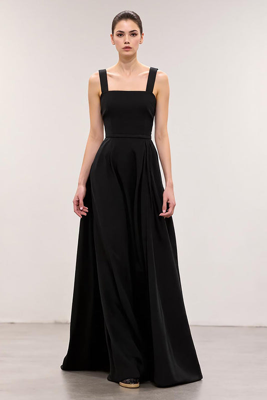 Simple Black Square Neck A Line Long Evening Dress