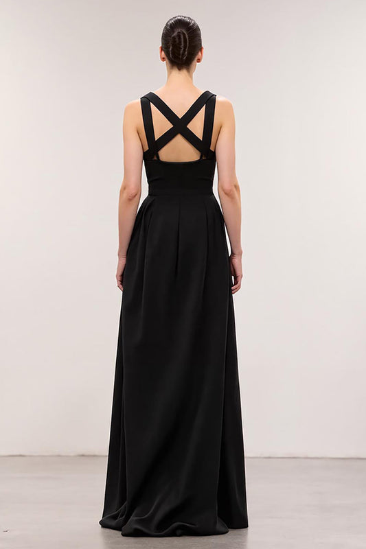Simple Black Square Neck A Line Long Evening Dress