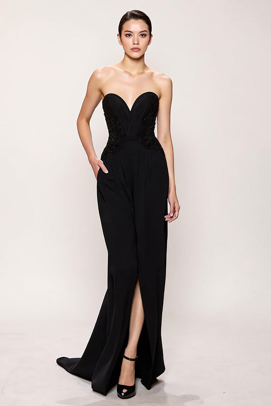 Simple Black Sweetheart Sheath Long Evening Dress with Slit
