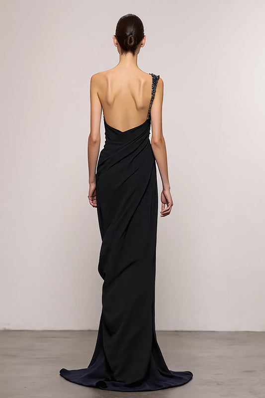 Black Sheath Backless One Shoulder Long Evening Dress