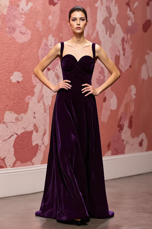 Simple Dark Purple Velvet A Line Long Holiday Party Dress