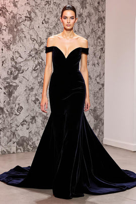 Black Velvet Mermaid Off the Shoulder Sweep Train Holiday Party Dress
