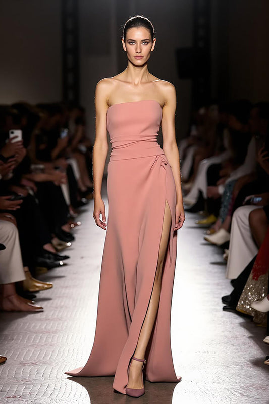 Simple Pink Ruched Strapless Long Evening Dress with Slit