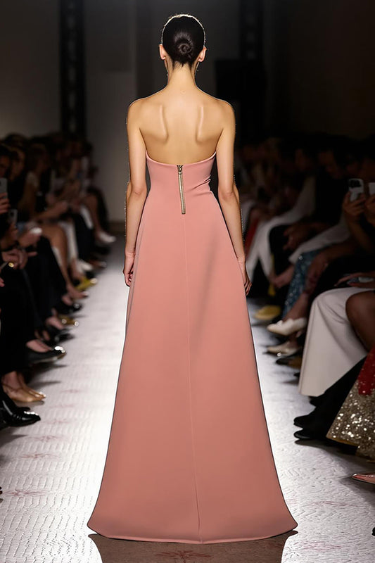 Simple Pink Ruched Strapless Long Evening Dress with Slit