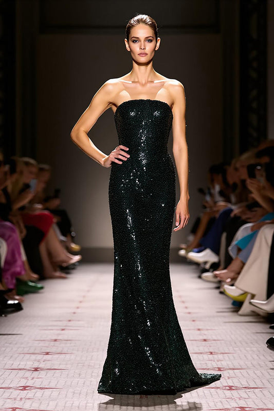 Sparkly Black Sequins Strapless Mermaid Maxi Evening Dress