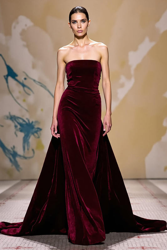 Dark Red Velvet A Line Strapless Long Holiday Party Dress