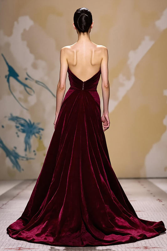 Dark Red Velvet A Line Strapless Long Holiday Party Dress