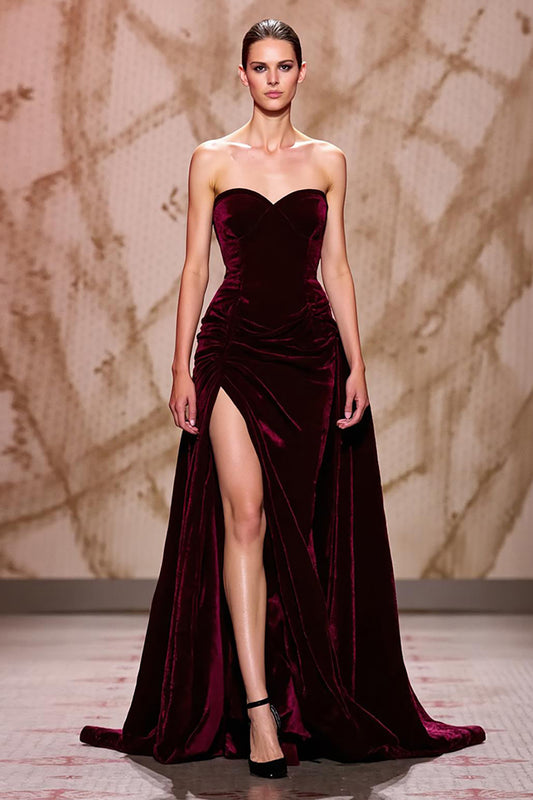 Dark Red Velvet Long Evening Dress with Slit Sweetheart A Line Holiday Party Dress