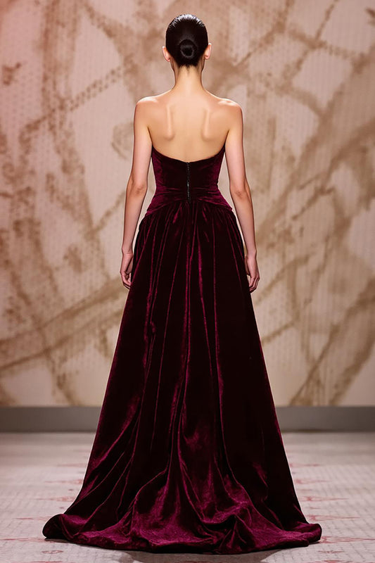 Dark Red Velvet Sweetheart Long Evening Dress with Slit