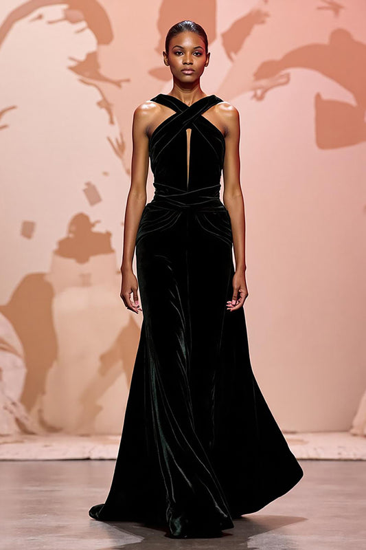 Simple Black Velvet Keyhole Long Evening Dress