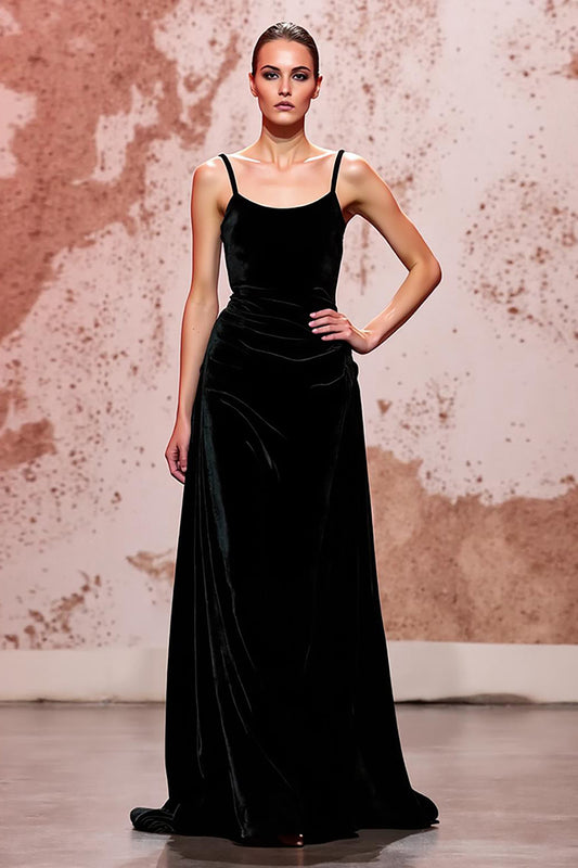 Simple Black Velvet Spaghetti Straps Long Evening Dress