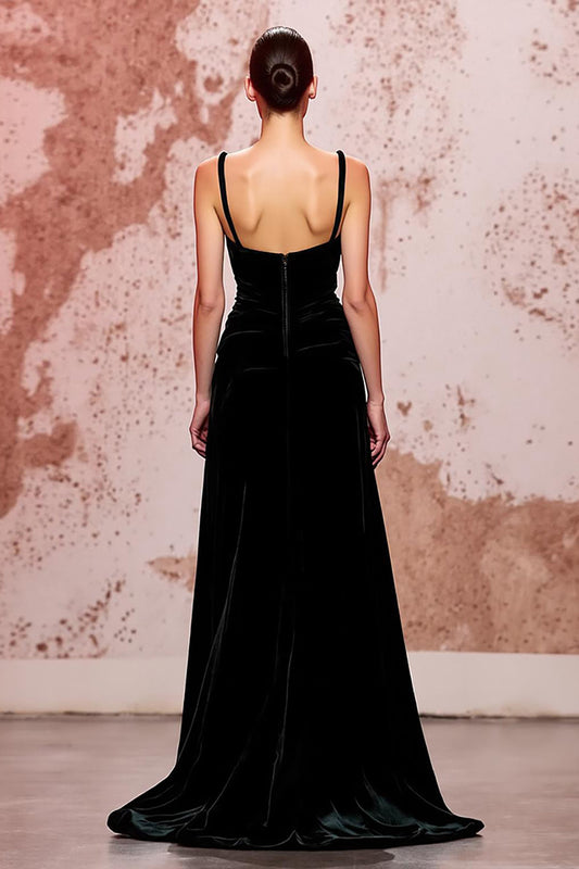 Simple Black Velvet Spaghetti Straps Long Evening Dress